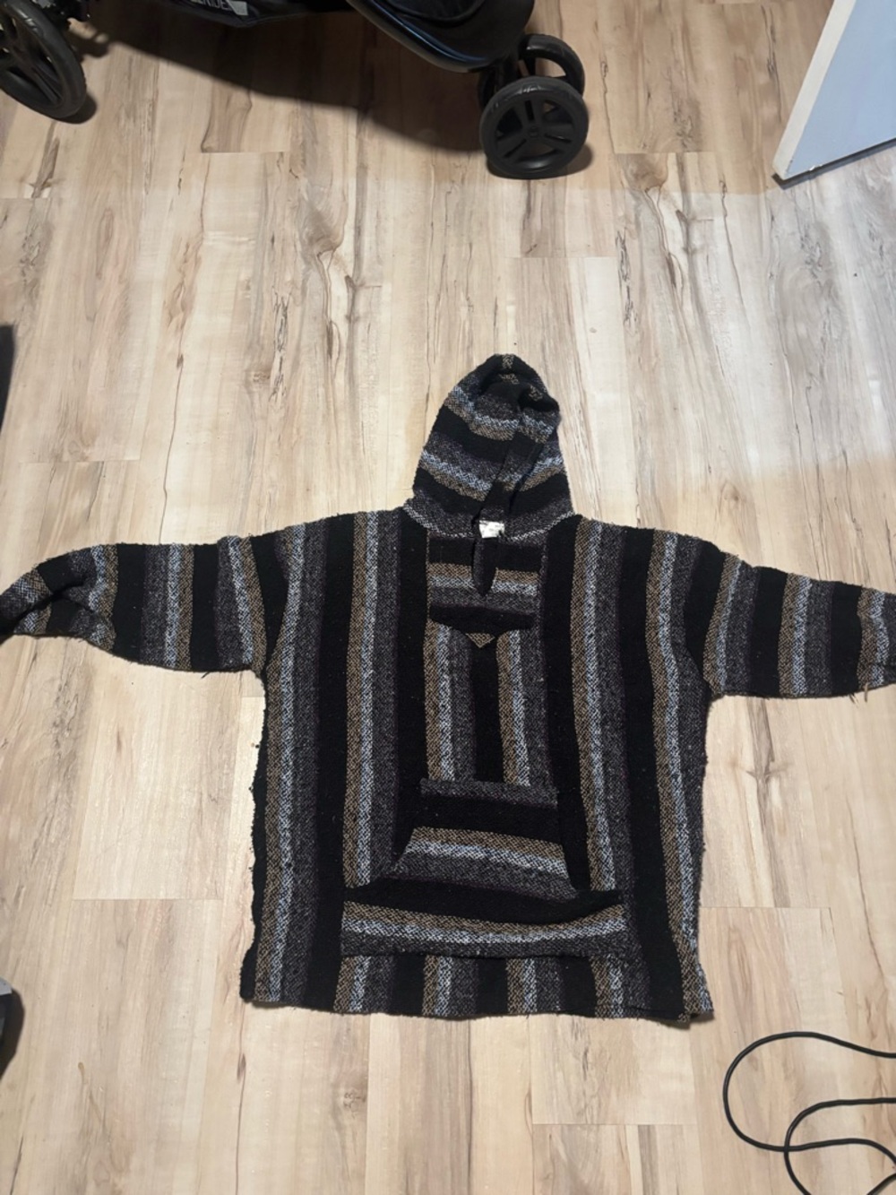 Mens Hooded Baja Stripe Sweater - Black & Gray jerga Mexican pullover